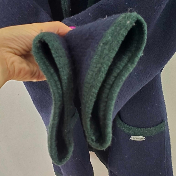 Vintage 80s Giesswein Wool Cardigan Sweater navy Blue/Green Trim - Picture 9 of 9